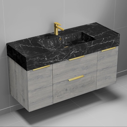 Nameeks DERIN982 Modern Bathroom Vanity With Black Marble Design Sink, Wall Mounted, 48 Inch, Grey Oak